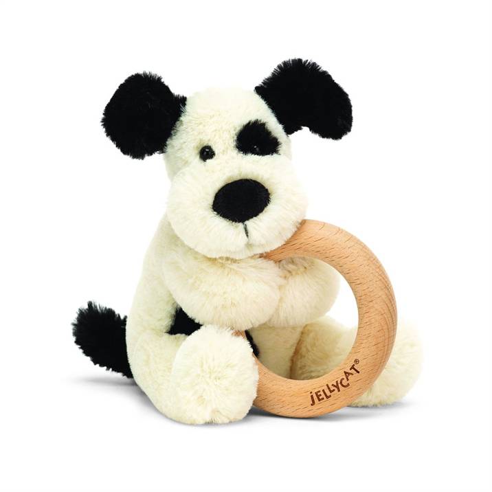 Bashful Black and Cream Puppy Wooden Ring Toy